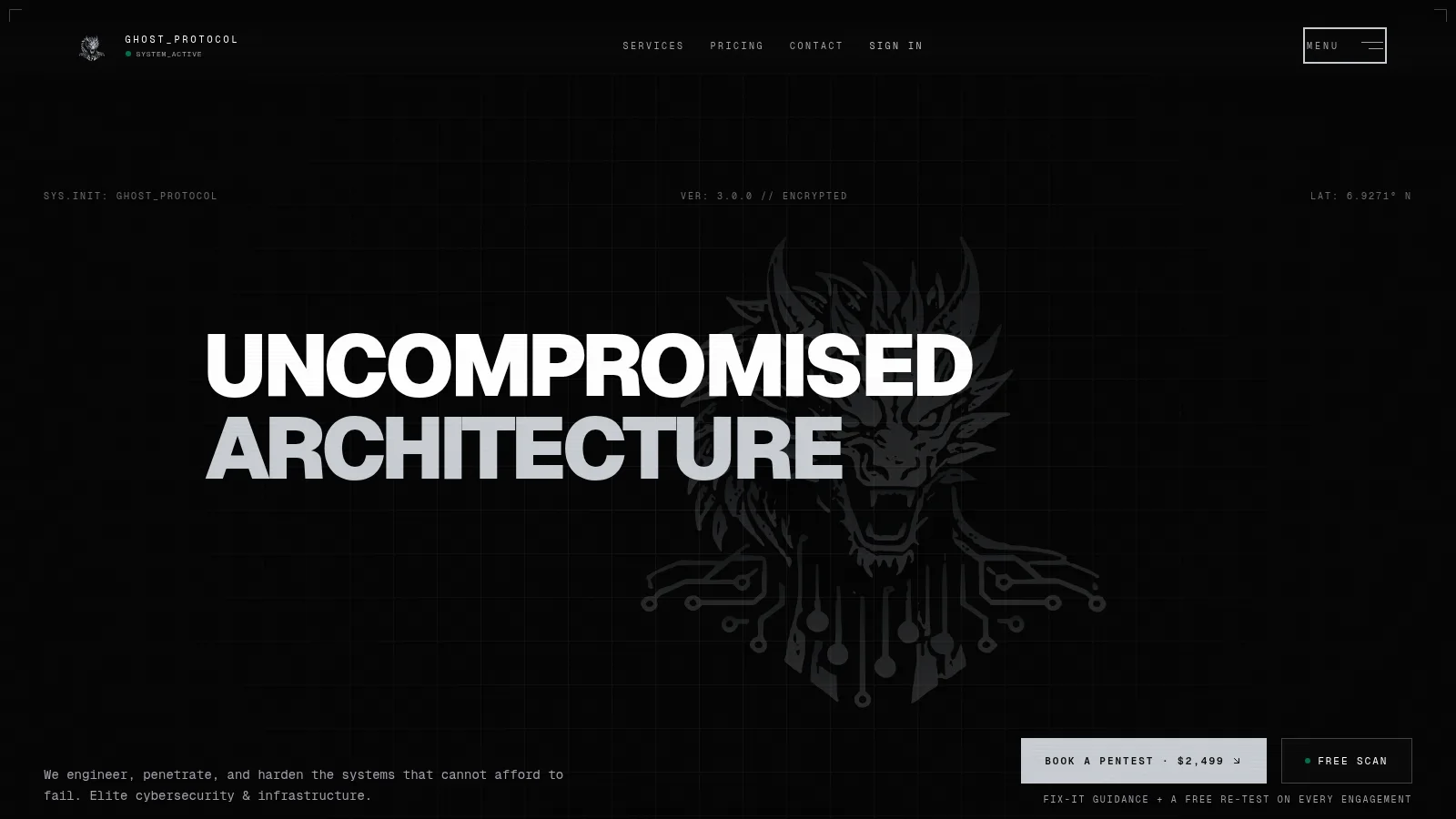 ghosts.lk — 'Uncompromised architecture' headline in the Stealth-Silver brand system with the silver dragon mark