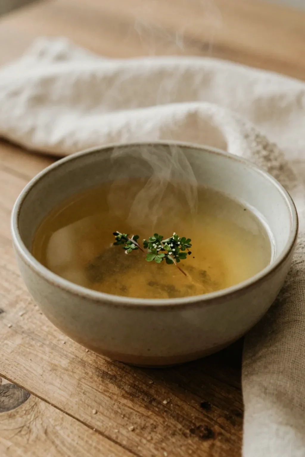 A warm wellness brand still: golden broth in a ceramic bowl on linen, from the Saima.k identity.