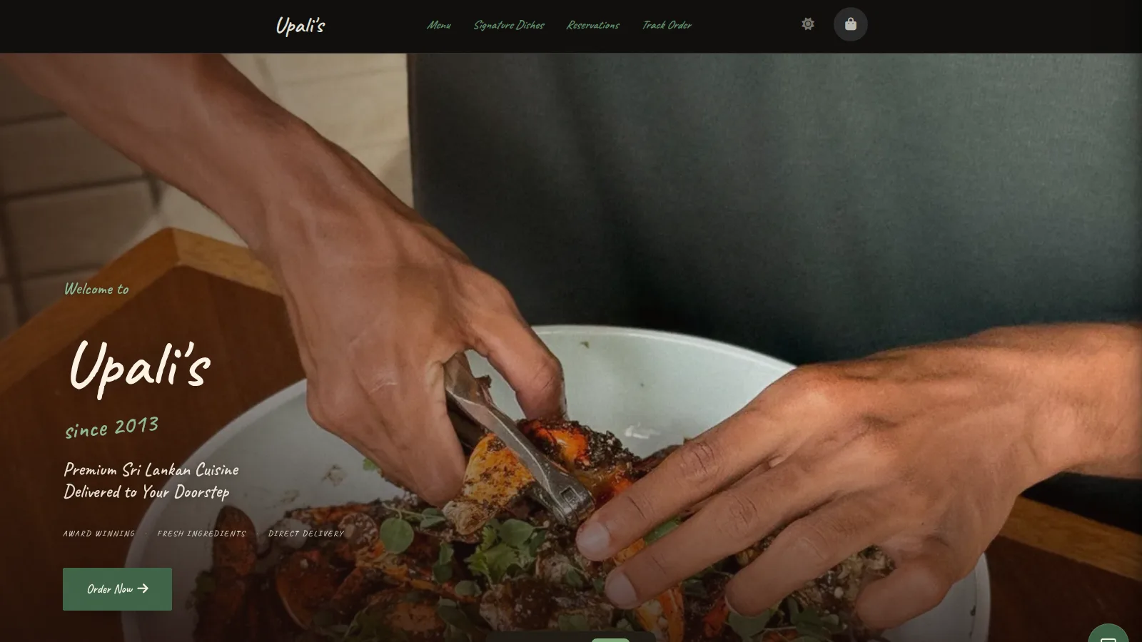 Upali's storefront — heritage Sri Lankan cuisine site with editorial typography over food photography
